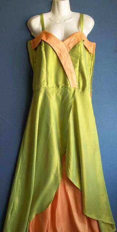 Green & Orange Long Satin Dress - Chest 104cm, Waist 90cm