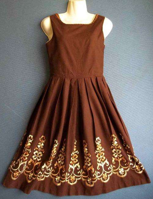 Vintage Brown Embroidered Dress - Chest 84cm, Waist 78cm