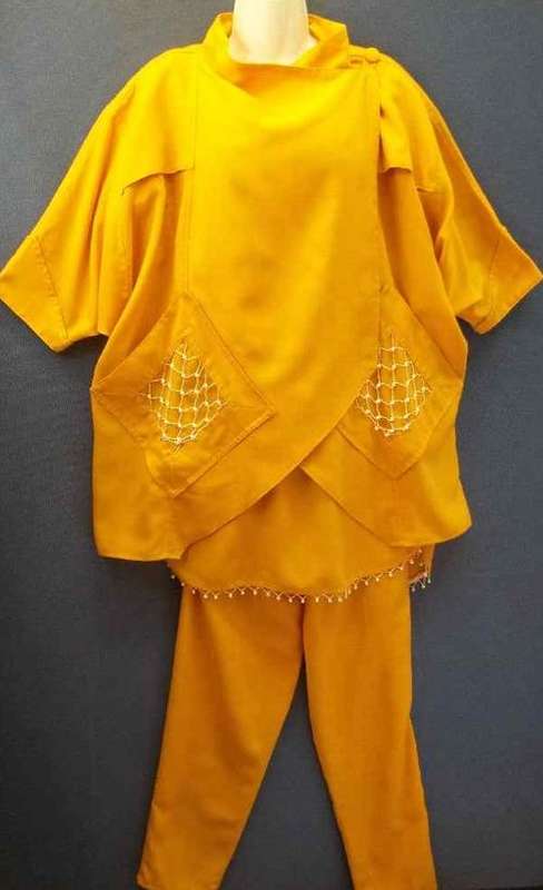 c1980's Dark Yellow With White Bead Detail Three Piece - Size 32/34