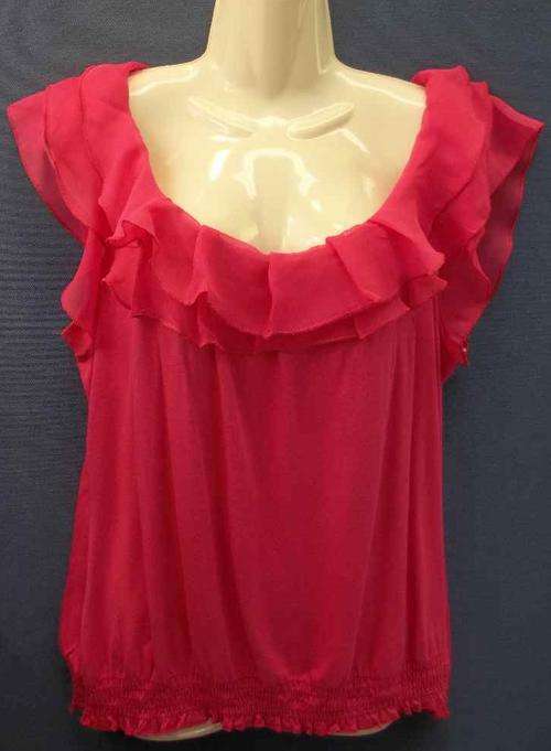 Pink Stretch Viscose Top With Elastic Waist & Pink Chiffon Ruffles - Size 38 * Quality Brand