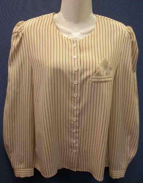 Vintage Cream & Brown Stripy Sliky Feel Polyester Shirt - Size 34