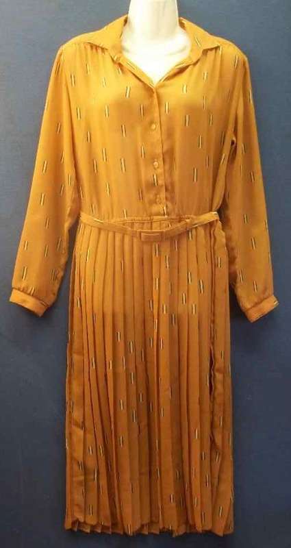 Vintage Patterned Beige/Orange Lightweight Polyester Long Sleeve Dress, Pleated Skirt - Size 38