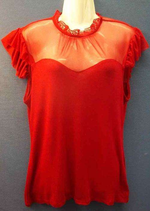 Dark Red Stretch Viscose Top With Netting & Lace Detail - Size 38 * New + Tag