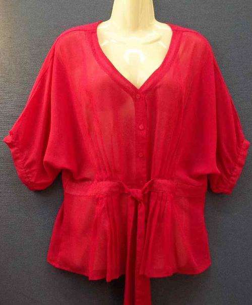 Sheer Cerise Polyester Shirt With Pleat & Tie Detail - Size 40