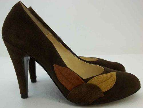 Vintage Brown Suede Heels With Leaf Pattern - Size 5