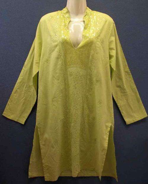 100% Cotton Long Length Light Green Embroidered + Sequins Top - Size 36 * Quality Brand
