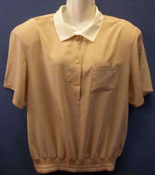 Vintage Beige & Cream Silky Polyester Shirt With Shoulder Pad & Elastic Waist Detail  - Size 40