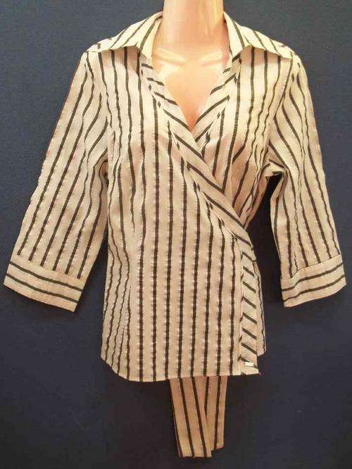 White/Grey Stripy Stretch Polycotton Crossover Shirt - Size 40 * Quality Brand