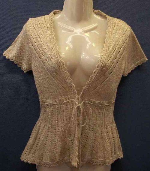 Pale Beige/Gold + Silver Thread Knit Top With Waist Tie Detail - Size S * Quality Brand
