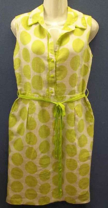 Linen/Linen Blend Lime & White Dress, Lined Skirt - Size 34 (Chest 90cm, Waist 74cm) *Quality
