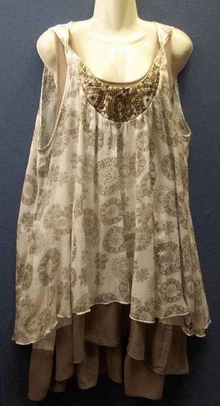 Beaded Taupe & White  Crinkle Polester/Viscose Long Length Layered Top - Size 44 * Quality Brand