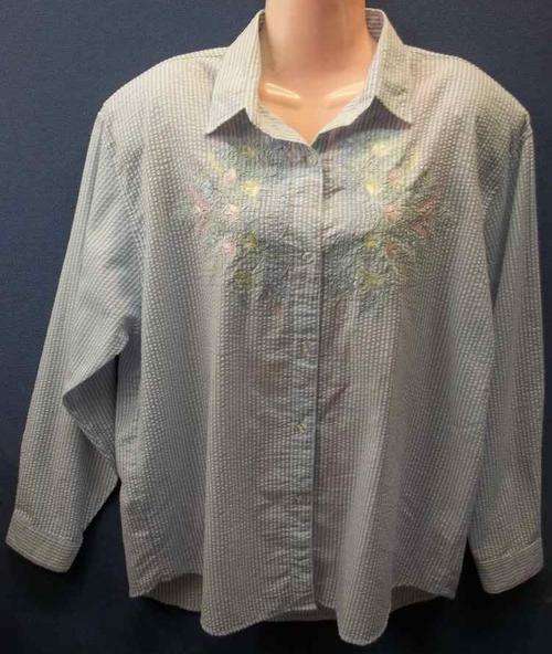 100% Cotton Stripy Pastel Blue Shirt With Embroidery Detail - Size 46-48 (Chest 120cm)