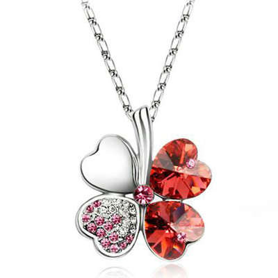 Red/Yellow 4 Leaf Clover Flower Heart Love Necklace with Austrian Cryst - 2 colors