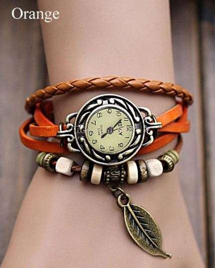 HIGH QUALITY WOMENS GENUINE LEATHER VINTAGE BRACELET WATCH (LEAF) - VARIOUS COLOURS