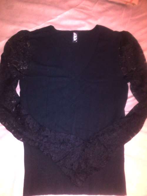 Small size black jersey top with long lace sleeves