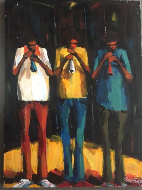 JUNIOR FUNGAI MUSICIANS ON STRETCHED CANVAS. VERY NICE!!