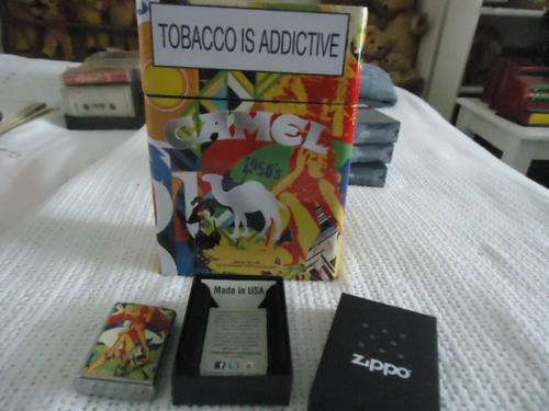 "MUST HAVE!" - COLOURFUL CENTENARY CAMEL HINGED TIN WITH UNUSED CAMEL ZIPPO LIGHTER- SEE PHOTOS