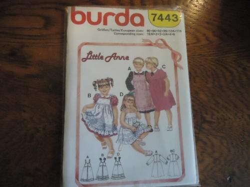 BURDA PATTERNS 7443 "LITTLE ANNE" SIZES 18MTHS + 2 YRS + 3 YRS +3/4 YRS + 4 YRS + 6 YRS sealed pk