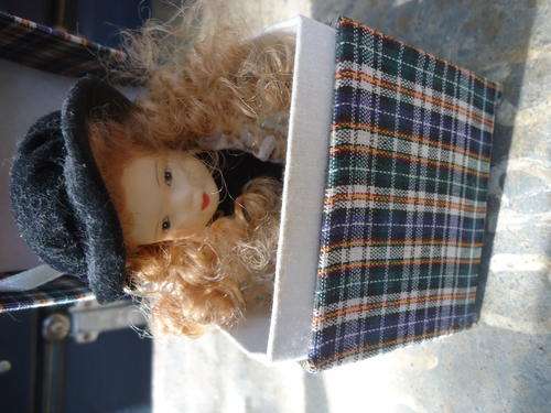 SMALL FRENCH PORCELAIN DOLL IN A TARTAN BOX IN EXCELLENT CONDITION