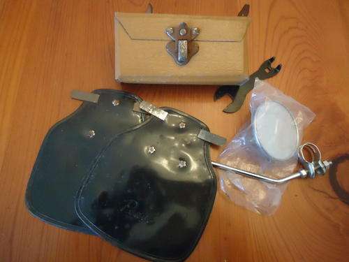 VINTAGE BICYCLE SADDLE BAG WITH SPANNER , BIKE MIRROR AND PAIR OF MUD FLAPS ALL IN NEW CONDITION