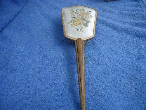 LOVELY VINTAGE EMBROIDERED BRASS HANDLED HAIR BRUSH