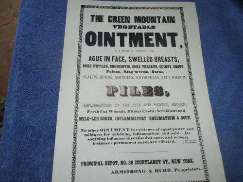 LOVELY VINTAGE POSTER ADVERTISING "THE GREEN MOUNTAIN VEGETABLE OINTMENT FOR FRAMING