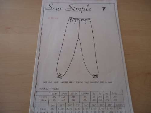 SEW SIMPLE PATTERNS NO 7  -TRACKSUIT PANTS  -4 YEARS