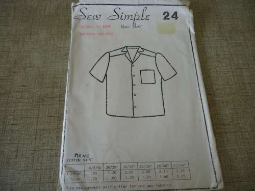 SEW SIMPLE PATTERNS   -NO 24 MEN'S COTTON SHIRT 38" OR 97 CM  - 40" OR 102 cm