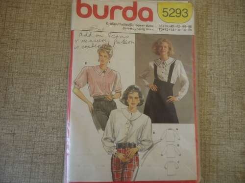 BURDA PATTERNS 5293 Blouses SIZES 10 + 12 + 14 + 16 + 18 + 20 COMPLETE