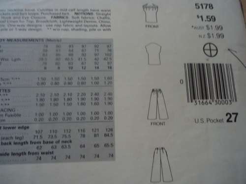 BUTTERICK "SEE &  SEW" PATTERN 5178 TOP & CULOTTES SIZE A = 6 + 8 + 10 - COMPLETE