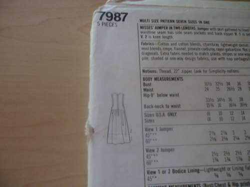 SIMPLICITY PATTERNS 7987 PINAFORE DRESS SIZE A = 8 - 20 COMPLETE