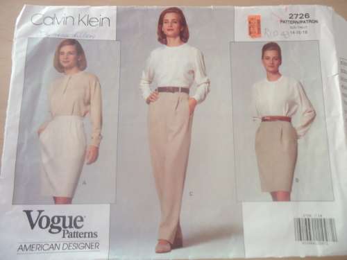 VOGUE PATTERNS -2726 SKIRT/PANTS - CALVIN KLEIN  SIZES 14 + 16 + 18 UNCUT- NO SEWING INSTRUCTIONS