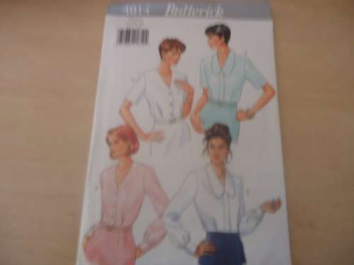 BUTTERICK PATTERN 4014 V NECK BLOUSES WITH & WITHOUT COLLAR SIZES 12 + 14 + 16- COMPLETE