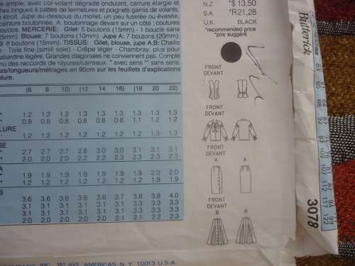 BUTTERICK PATTERN  3078  WAISTCOAT, BLOUSE & SKIRT SIZES 12 + 14 + 16 -   COMPLETE & UNCUT