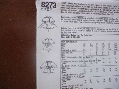 SIMPLICITY PATTERNS 8273 PRETTY GIRLS DRESS  SIZE AA = 2 + 3 + 4 COMPLETE & UNCUT