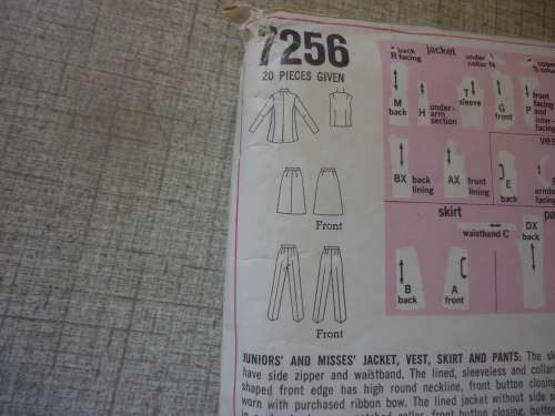 SIMPLICITY PATTERNS 7256  JACKET, VEST, SKIRT & PANTS SIZE 14 BUST 34"MISSING PAGE 1 SEWING INSTRUCT