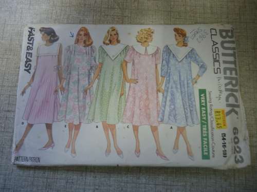 BUTTERICK PATTERN 6023 MATERNITY DRESS- FLARED COLLAR, SLEEVES  SIZE 14 + 16 + 18 COMPLETE