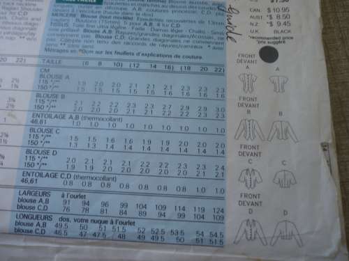 BUTTERICK  PATTERN 5387 BLOUSES SIZES 12 + 14 + 16 COMPLETE