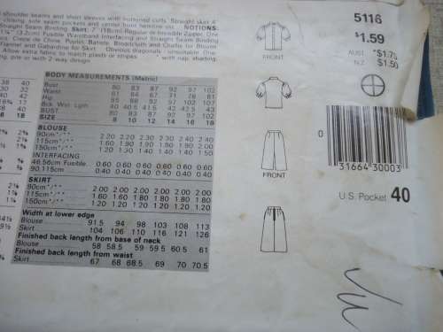 BUTTERICK PATTERN 5116 BLOUSE & SKIRT  SIZES A = 8 + 10 + 12 COMPLETE & UNCUT