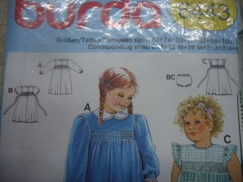 BURDA PATTERNS 6443 GIRL'S SMOCK DRESS SIZES 6 M, 12 M, 18 M, 2 + 3 + 3/4 + 4 YRS COMPLETE
