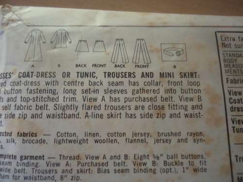 STYLE PATTERNS 2823 COAT DRESS OR TUNIC, TROUSERS & MINI SKIRT - SIZE 14 BUST 26 COMPLETE