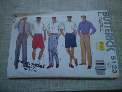 BUTTERICK PATTERN 5123 MEN'S SHORTS & PANTS  SIZE XS; S, M ( 24 - 34" WAIST)  -COMPLETE & UNCUT