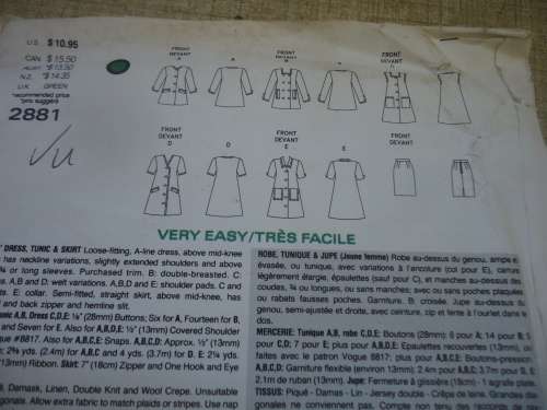 VOGUE PATTERNS 2881 LOOSE FITTING A LINE DRESS+TUNIC+SKIRT SIZE 14 + 16 + 18  COMPLETE & UNCUT
