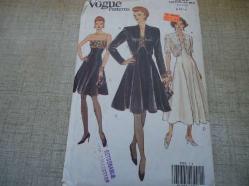 VOGUE PATTERNS 8229 COCKTAIL DRESS & BOLERO  SIZE 8 + 10 + 12  COMPLETE