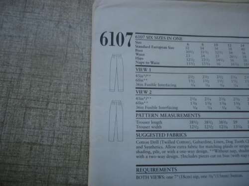 NEW LOOK PATTERNS 6107 FITTED PANTS SIX SIZES IN ONE 6 - 16 COMPLETE