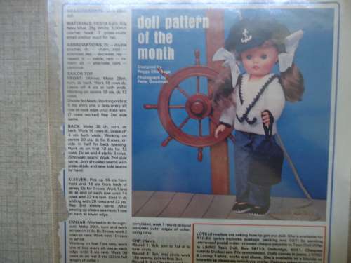 LIVING & LOVING - OCTOBER 1979 - SAILOR DOLL - SAILOR TOP,CAP , SANDALS & DUFFEL BAG 43 CM DOLL