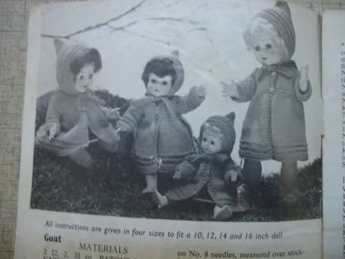 PATONS #585 DOLL`S CLOTHES-VEST, DRESS, SWEATER. PILCH & SKIRT TO FIT 4 SIZES  10` + 12` + 14` + 16`