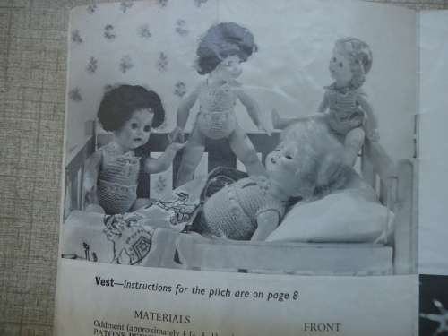 PATONS #585 DOLL`S CLOTHES-VEST, DRESS, SWEATER. PILCH & SKIRT TO FIT 4 SIZES  10` + 12` + 14` + 16`