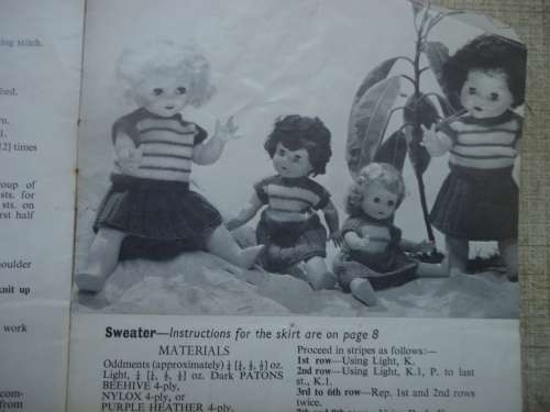 PATONS #585 DOLL`S CLOTHES-VEST, DRESS, SWEATER. PILCH & SKIRT TO FIT 4 SIZES  10` + 12` + 14` + 16`