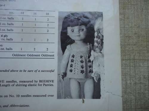 PATONS#9920 DOLL`S OUTFIT-HOUSECOAT EDGED IN LACE+ BLUE NIGHTIE TO FIT 3 SIZES 14`+16 +18`  DOLLS